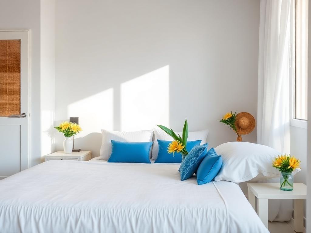 Quarto arrumado com cama feita e flores frescas